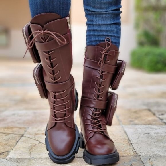 Women's Wine Lace up High Combat Boots Lug Sole - Picture 3 of 5